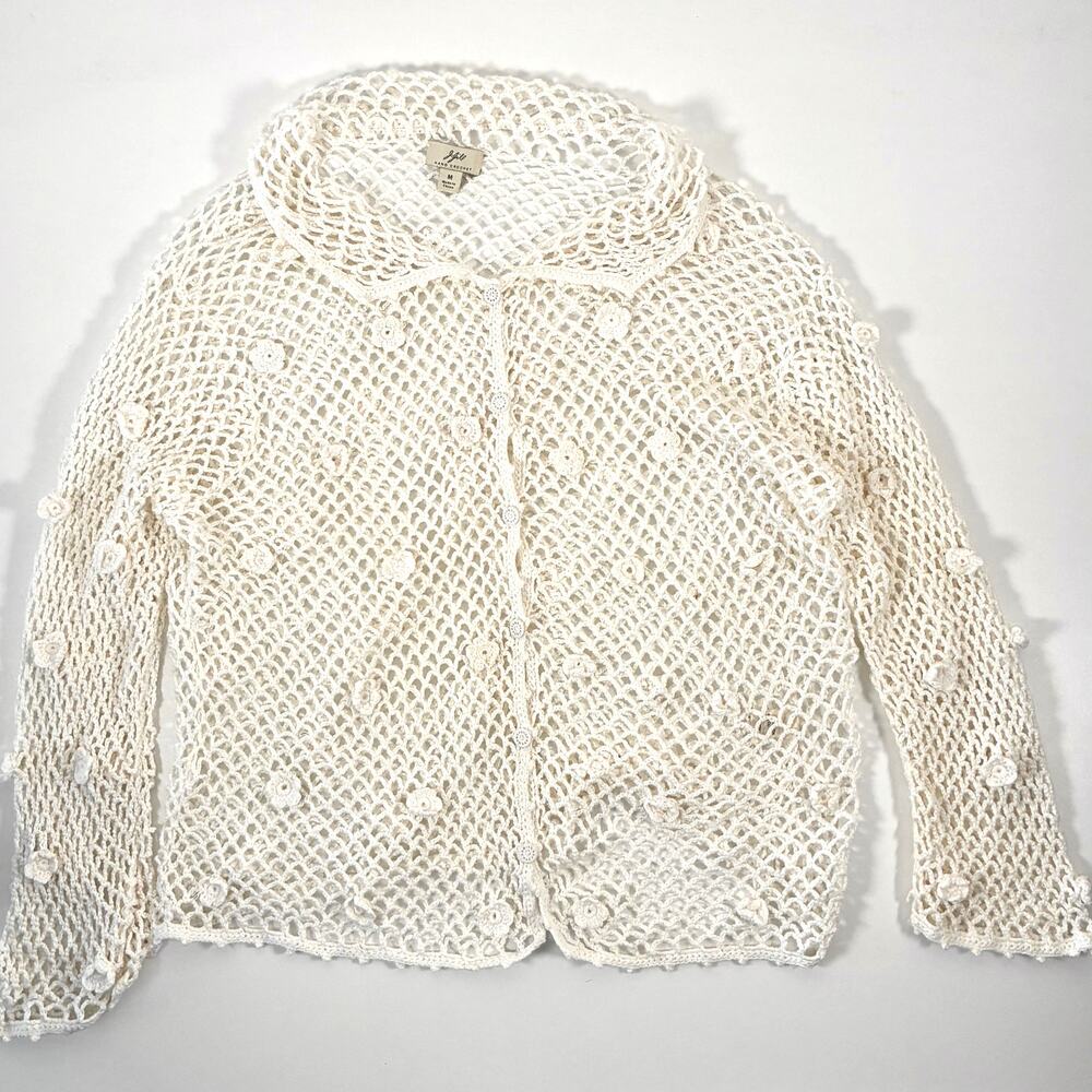 J. Jill Soft White Hand Crochet Linen Blend Cropped Open Knit Cardigan - Size M